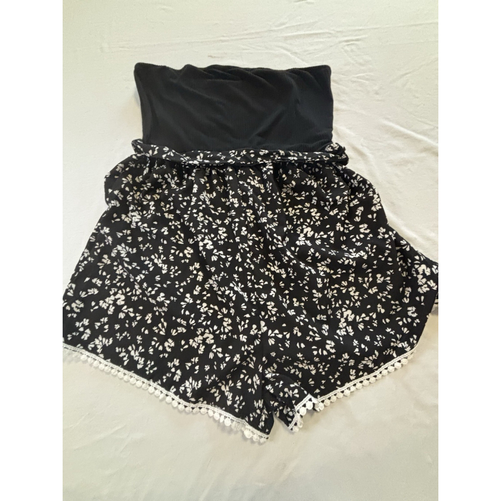 SHEIN Womens Strapless Boho Floral Romper Black White Pom Pom Trim Large
